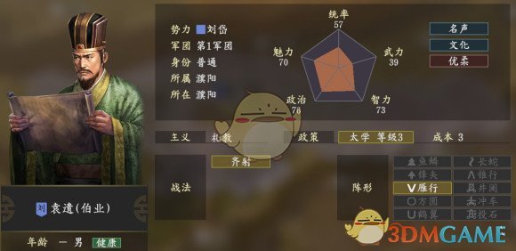 《三国志14》袁遗五维属性图一览